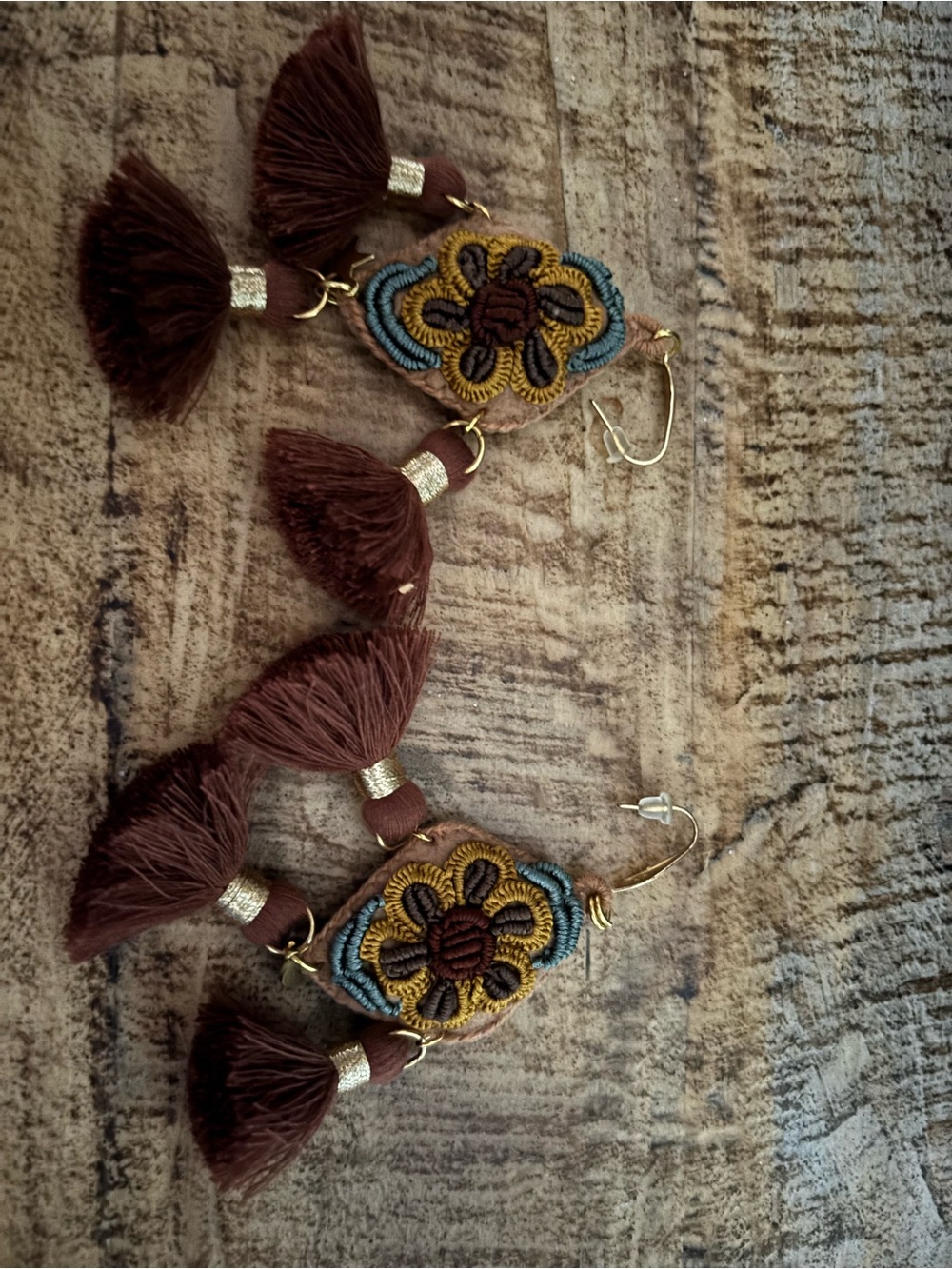 Boho Embroidered Brown Tassel Earrings